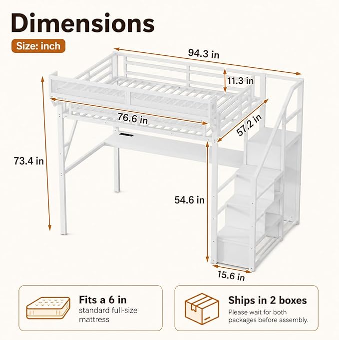 Mirightone Full Loft Bed with Desk and RGB Light, Metal Loft Bed Frame with Stairs and Bedside Shelf, Heavy-Duty Lofts Beds with Storage Shelves and Wardrobe for Kids Teens, White