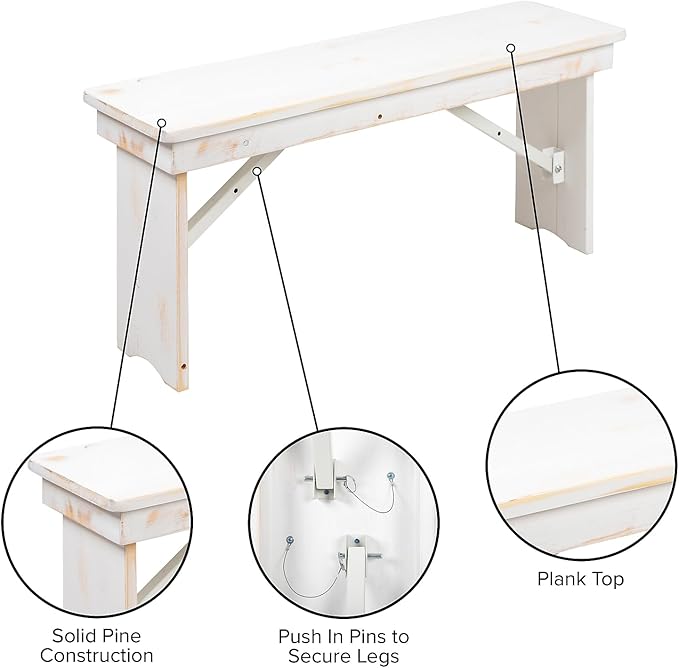 Flash Furniture HERCULES Series 40" x 12" Antique Rustic White Solid Pine Folding Farm Bench