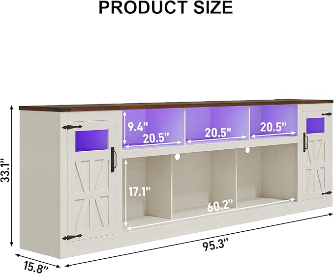 chartustriable Farmhouse TV Stand for 100 Inch TV,95" Entertainment Center w/LED Light,Large Media Console Cabinet w/Rustic Barn Doors,Power Outlets,Adjustable Shelves for Living Room,White