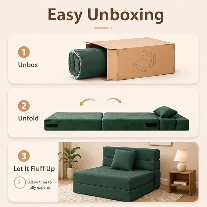 ANONER Memory Foam Fold Out Sofa Bed Couch with Pillow Twin Size Futon Sleeper Chair for Living Room Apartment, Dark Green