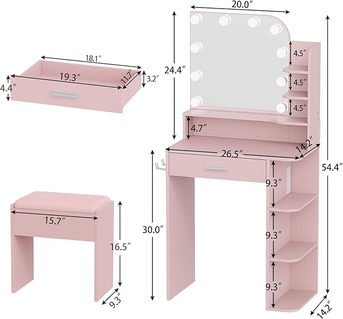 wanan Makeup Vanity with Chair, Small Vanity Desk with Mirror and Lights 3 Colors, Girls Vanity Set with Power Outlet, Compact Vanity Table for Small Space, Pink