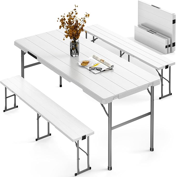 Folding Table with 2 Benches Set, 6FT Picnic Table with 2 Chairs, 3pcs Plastic Camping Tables and Foldable Bench Sets Indoor & Outdoor for Party, Camping, Picnic, Wedding, BBQ, White