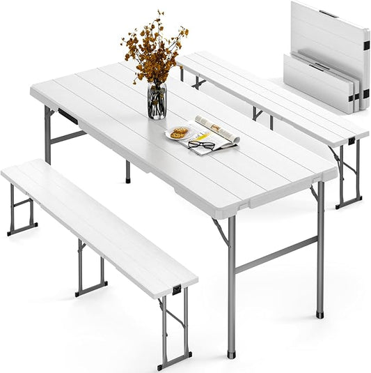Folding Table with 2 Benches Set, 6FT Picnic Table with 2 Chairs, 3pcs Plastic Camping Tables and Foldable Bench Sets Indoor & Outdoor for Party, Camping, Picnic, Wedding, BBQ, White
