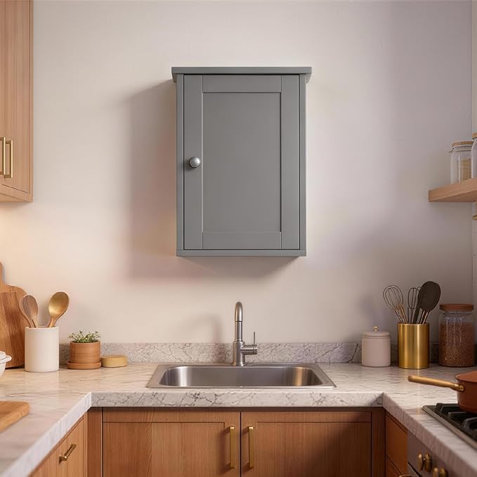 VINGLI Bathroom Wall Cabinet, Gray Medicine Cabinet with Single Door, Small Over Toilet Storage Organizer with Adjustable Shelf, Hanging Kitchen Cupboard for Laundry Room, 13.7x7.5x19.7 Inch