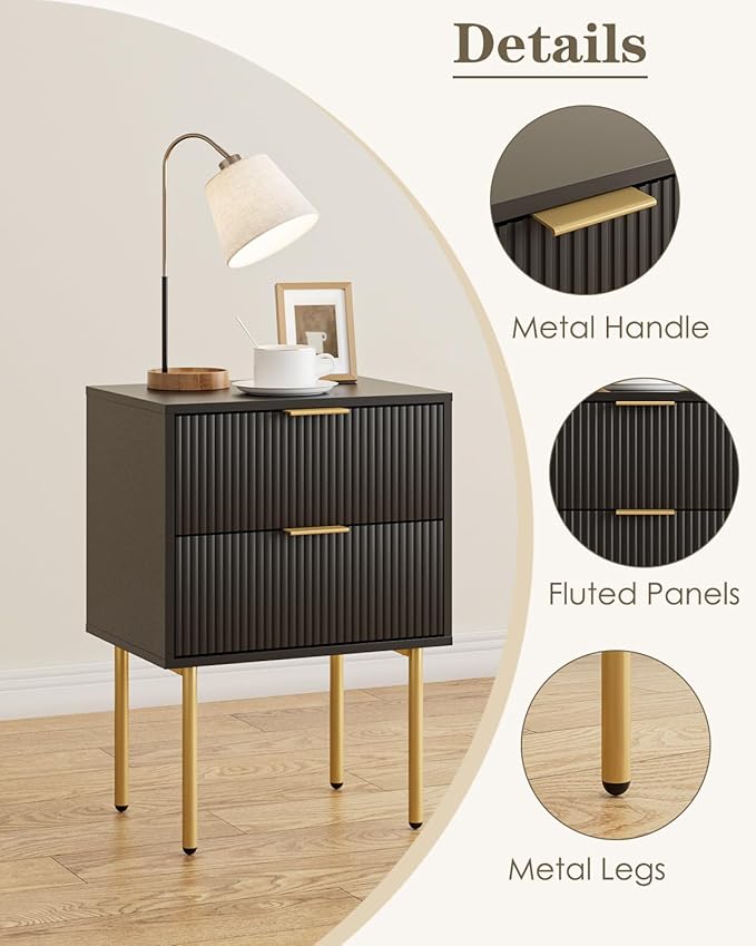 Aienvey Night Stand, Modern Nightstand with Drawers, Bedside Table, Gold Small Side Table for Bedroom, Living Room End Table (Black Stripe, 2 Drawers)