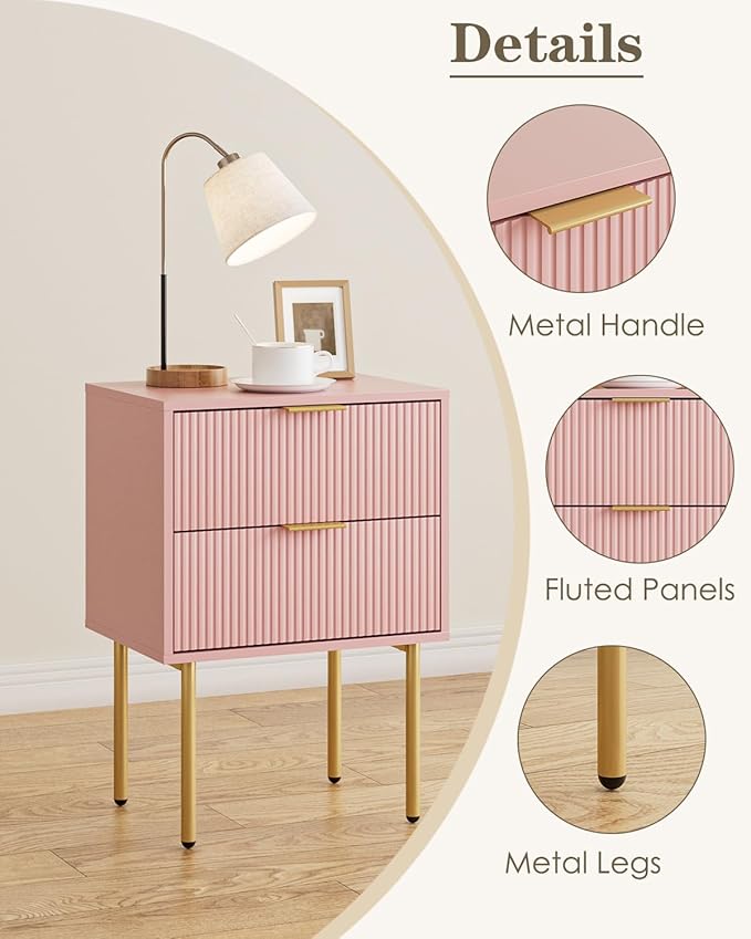 Aienvey Night Stand, Modern Nightstand with Drawers, Bedside Table, Gold Small Side Table for Bedroom, Living Room End Table (Pink Stripe, 2 Drawers)
