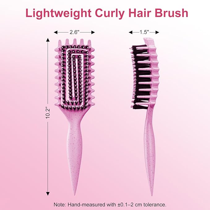カーリーヘアブラシ、ソフトイノシシ毛の巻き毛デファイニングブラシ、絡まった髪をとかす、ワイド歯デザインで楽にカールを形作り定義、ウェット＆ドライヘア用カーリングデファイナー（ピンク）