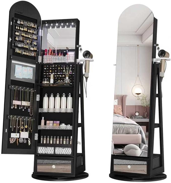 LVSOMT 64" H Arched LED Mirror Jewelry Cabinet Standing, 360° Swivel Full-Length Mirror with Storage, Lockable Jewelry Organizer with Inner Makeup Shelf, Gift for Women, Black