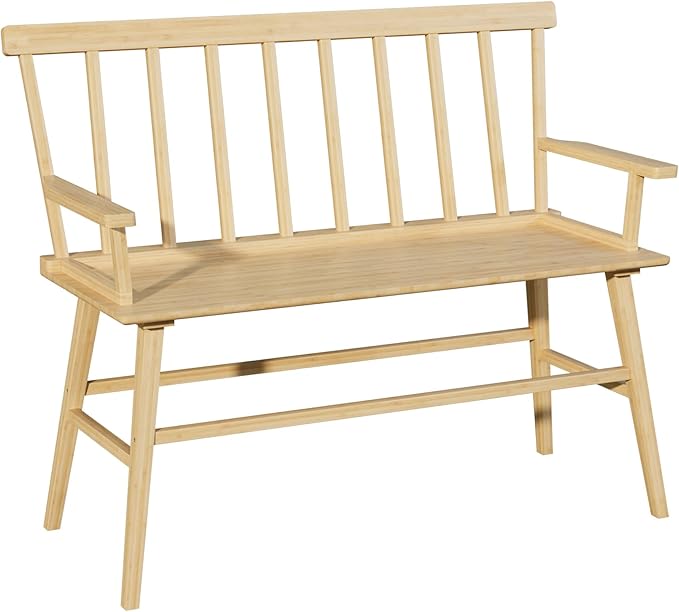 Bamboo Dining Bench, Entryway Bench with Spindle Back Farmhouse Wood Windsor for Foyer Balcony Living Room (Nature)