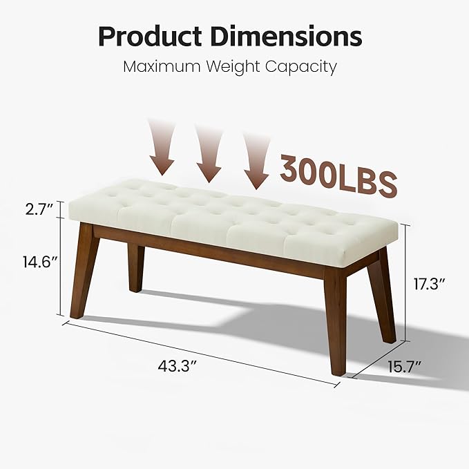 43.5" Upholstered Bedroom Bench, Linen Entryway Bench with Solid Wood Legs, End of Bed Bench with Cushion, Tufted Button Dining Bench for Living Room, Bedroom, Hallway, Beige