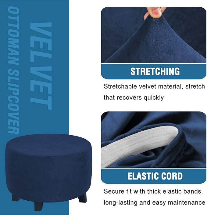 H.VERSAILTEX Round Ottoman Slipcover Ottoman Covers Slipcover Footstool Protector Covers Storage Stool Ottoman Covers Stretch with Elastic Bottom, Feature Real Velvet Plush Fabric (Medium, Navy)
