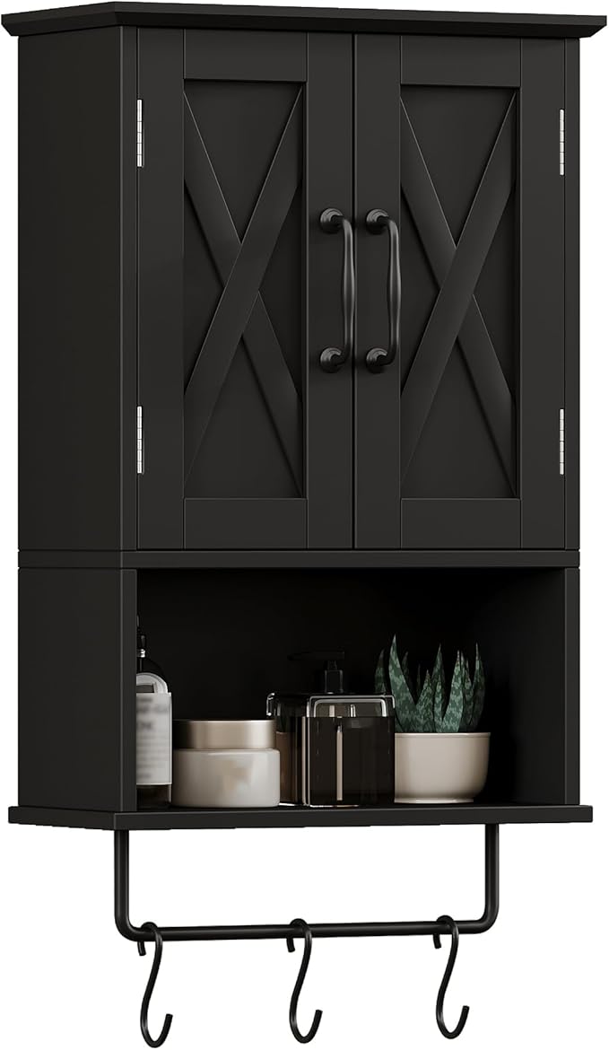 ChooChoo Farmhouse Medicine Cabinet, Bathroom Wall Cabinet with Adjustable Shelf, Towel Bar, 3 Hooks, Over The Toilet Storage Cabinet for Bathroom, Kitchen, Black