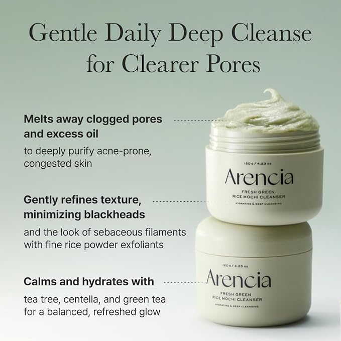Arencia Korean Rice Mochi Face Cleanser & Daily Scrub - Moisturizing, Brightening & Deep-Cleansing - All Skin Types, Vegan, Organic - with Rice Powder, Rice Water & Green Tea (1.76oz)