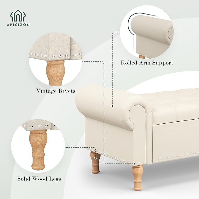 Apicizon 51” Bench with Storage, Faux Leather Ottoman Bench with Rolled Arm & Vintage Rivets, End of Bed Bench for Bedroom, Living Room, Entryway, Beige+Natural Legs