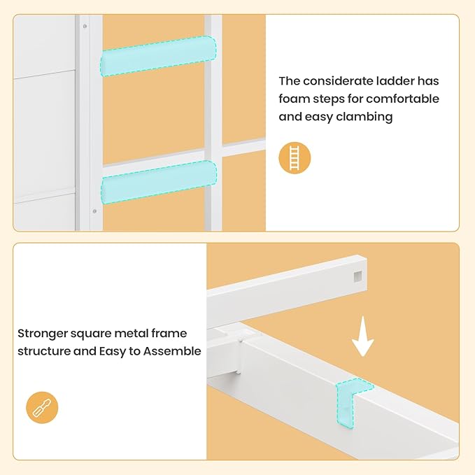 BTHFST Bunk Bed Twin Over Twin with 6 Large Fabric Drawers & 4 Wooden Storage Bookshelf Organizer, Metal Low Bunk Bed for Kids with LED Lights & Safety Ladder and Guardrail, Space Saving