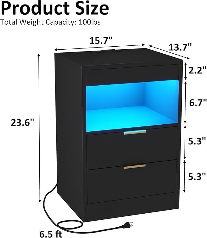 Gadroad Night Stand, LED Nightstand with Charging Station, Wood Bedside Table, End Table Sofa Couch Side Table with Pull-Out Shelf, Black