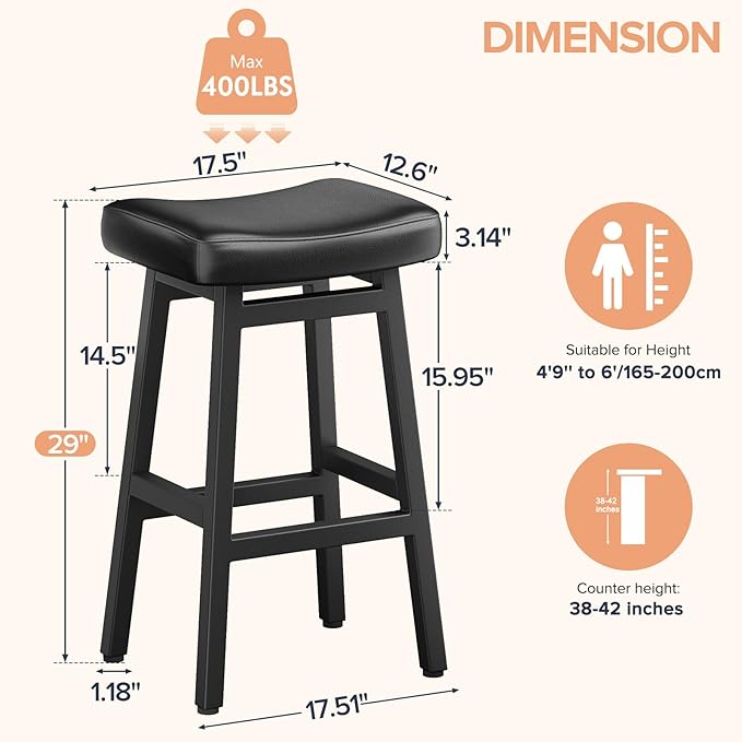 Raynesys 29 Inches Bar Stools Set of 2, Bar Height Barstools for Home Counter, Blackless Barstool with Bonded Leather Saddle Seats & Heavy Duty Metal Legs, Easy Assembly, All Black