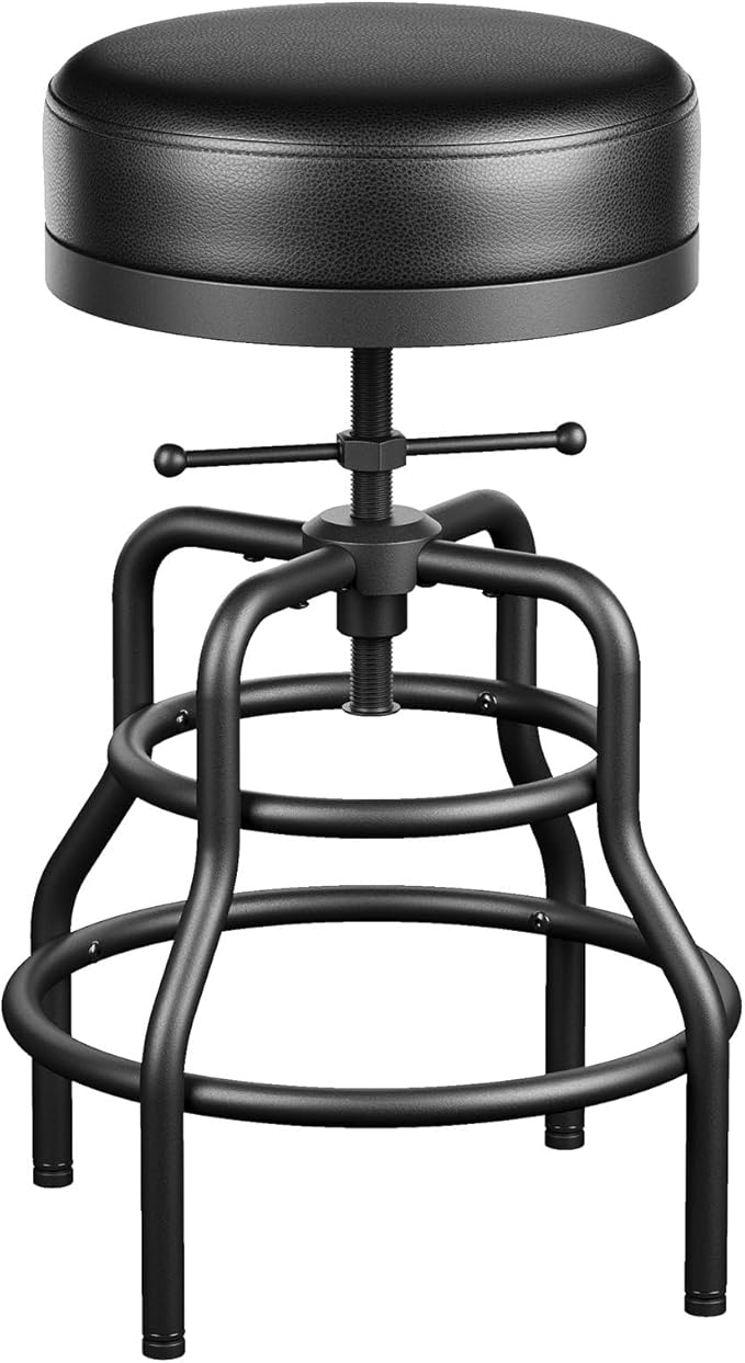 Raynesys Adjustable Height Swivel Bar Stool, 22-29 Inch Industrial Vintage Bar Counter Height Stool with Thicken Premium Bonded Leather Seat & Updated Footrest, Easy Assembly, Black