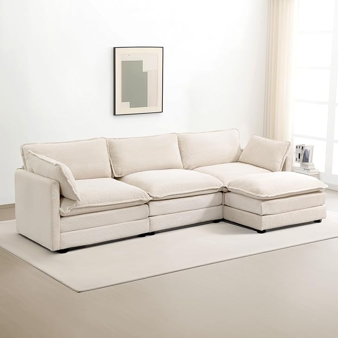 ROWHY Ottoman for Sectional Cloud Couch, Corduroy Ottoman for Deep Seat Modular Couch for Apartment, Living Room and Bedroom, Beige