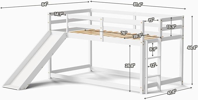 TOLEAD OLEAD Low Bunk Bed with Slide, Floor Loft Bed with Climbing Ladder, Wood Twin Bunk Bed Frame with Full Guardrails & Storage Space for Kids Toddler