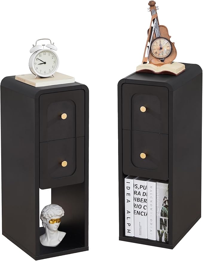 Small Nightstand Set of 2, Wooden Narrow Nightstands with 2 Drawers, Vintage Side End Table for Small Spaces, Skinny Night Stand, Bedside Table for Bedroom, Living Room (Black-2PCS)
