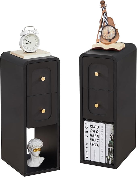 Small Nightstand Set of 2, Wooden Narrow Nightstands with 2 Drawers, Vintage Side End Table for Small Spaces, Skinny Night Stand, Bedside Table for Bedroom, Living Room (Black-2PCS)