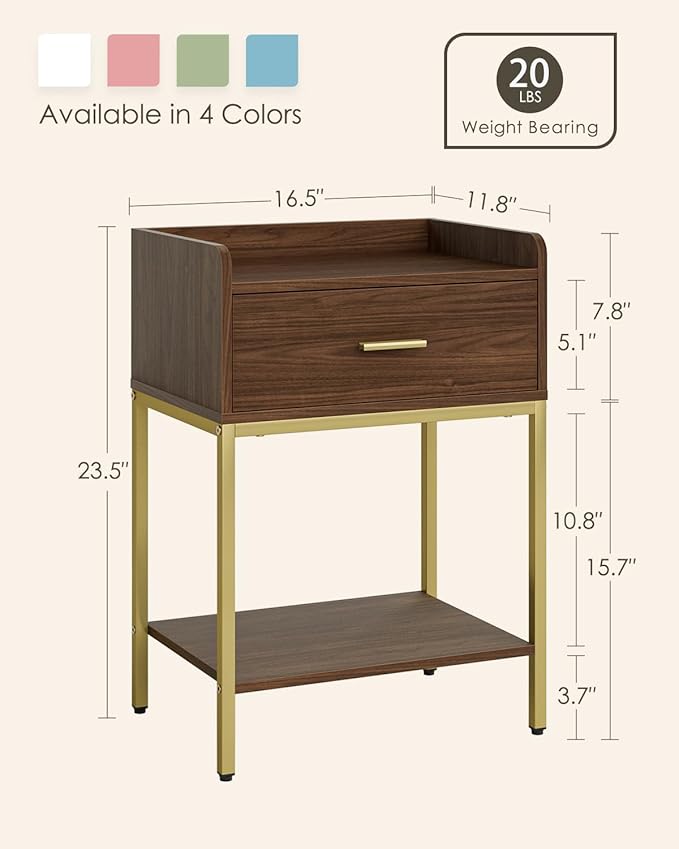 Masupu Nightstand, 3-Tier Modern Bedside Night Stand with Storage Drawer and Shelf, Small End Side Table for Bedroom, Living Room, Walnut