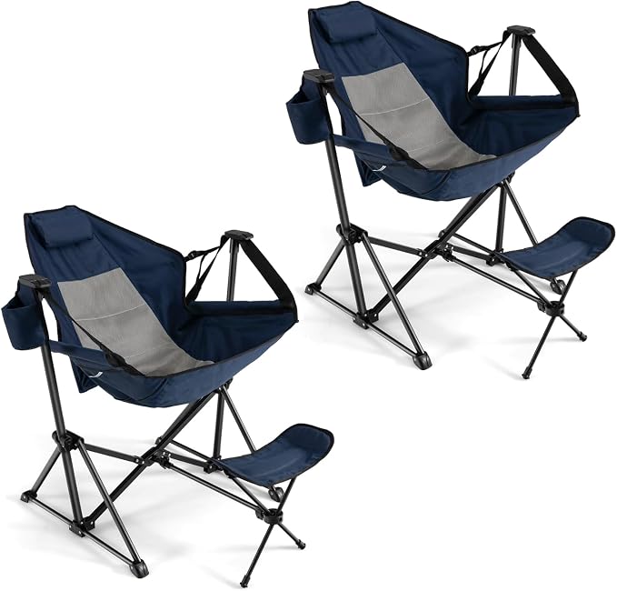 GYMAX Hammock Camping Chair, Folding Camp Chair with Detachable Footrest, Adjustable Backrest, Pillow, Cup Holder & Carry Bag, Portable Rocking Camping Chairs for Beach Lawn Fishing (2, Navy)
