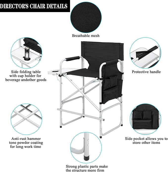 Tall Directors Chairs Foldable Makeup Artist Chair Seat Height 26.5 inches Heavy Duty Folding Camping Chair Outdoor Portable Director Chair with Side Table Storage Bag Cup Holder Footrest,Black