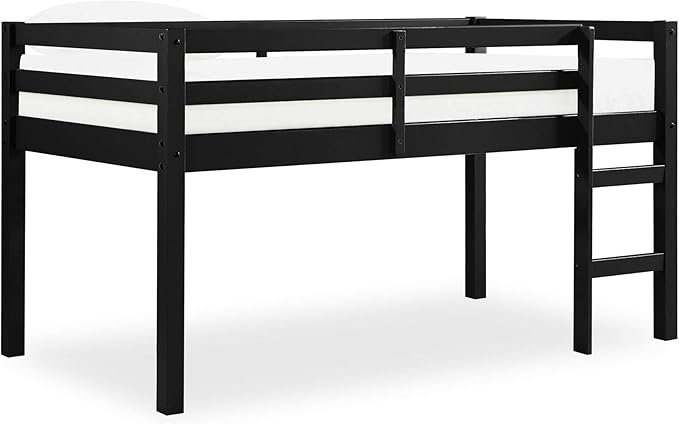 DHP Milton Twin Loft Bed with Safety Guard Rail, Black, Space Saving Junior Size, Pine Wood