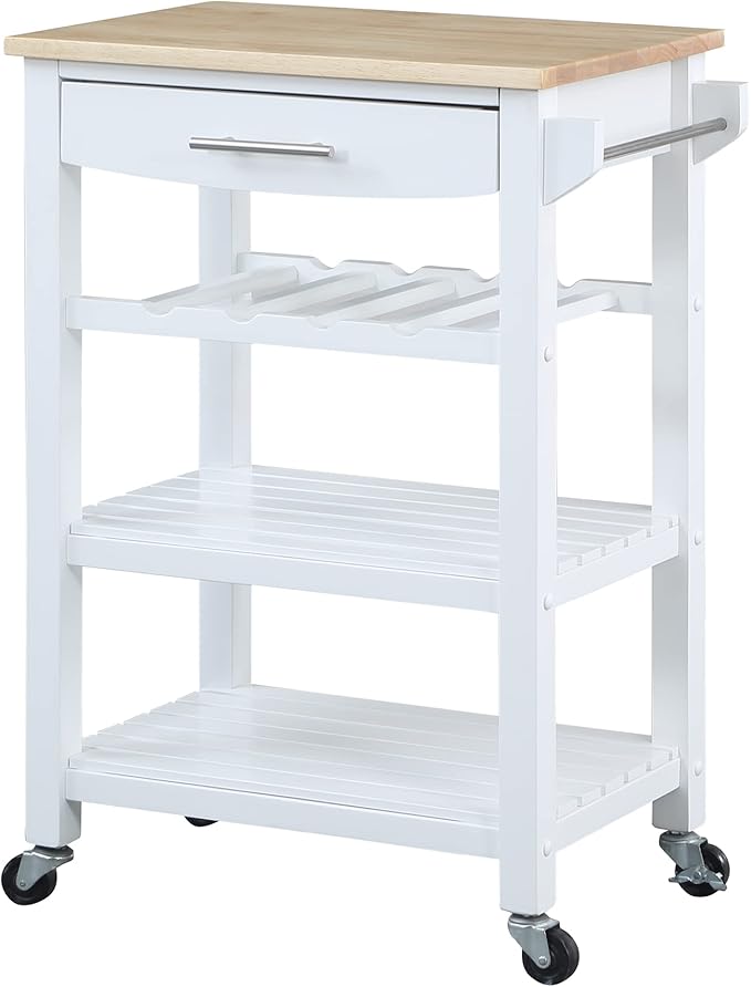 Convenience Concepts Ellaine Butcher Block Kitchen Cart 24.75" - 4 Tier Kitchen Island with Storage Drawer, Dining Room Wine Rack on Wheels, Coffee Station Table, Mobile Utility Trolley, White