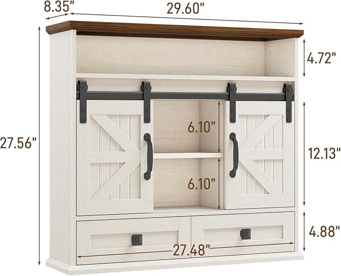 Vabches Bathroom Wall Cabinet, Farmhouse Medicine Cabinet with Double Sliding Barn Door and Storage Drawer, Wooden Vintage Storage Cabinet Wall Mounted for Bathroom, Kitchen, Rustic White and Brown