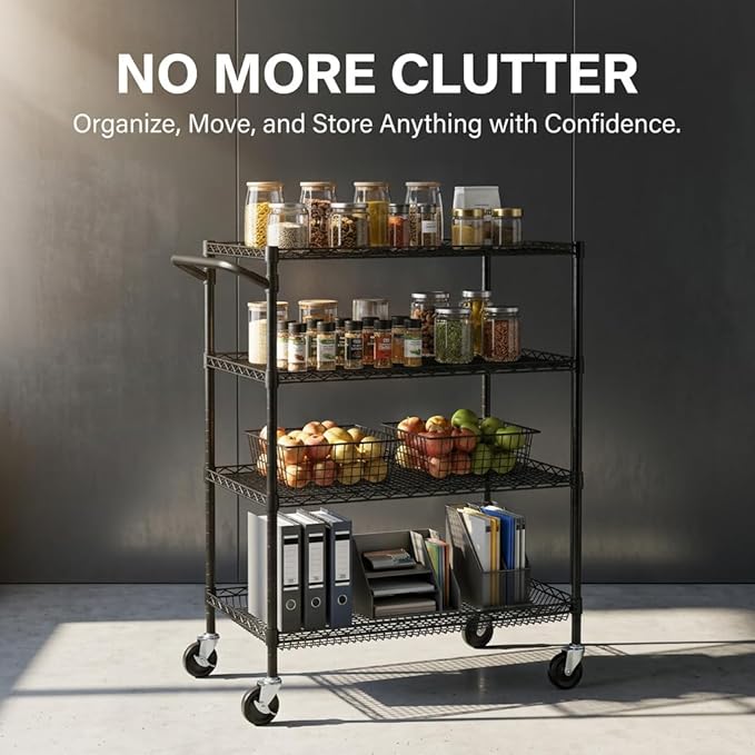 Finnhomy 4 Tier Heavy Duty Commercial Grade Rolling Cart with Handle Bar, Metal Wire Utility Cart with Wheels, Shelf Size 18" D x 30" W, NSF Listed, Black