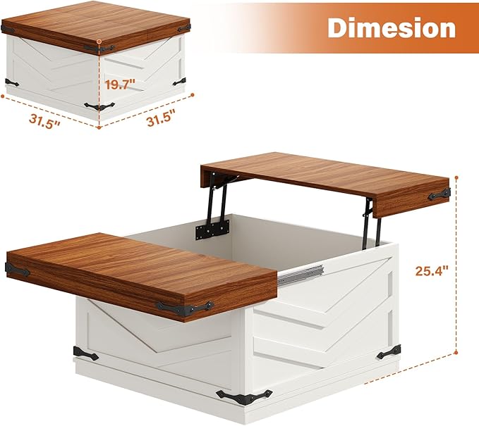 UNIQUITE 31.5'' Lift Top Coffee Table, Sliding Top Square Center Table with Large Hidden Storage Organizer, Multi-Functional Farmhouse Coffee Tables for Living Room, Bedroom, Home Office, White