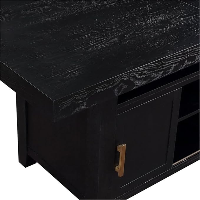 Pemberly Row Rubbed Charcoal Wood Counter Height Storage 6-Piece Dining Set, Acacia Veneers, Oil-Rubbed Brass Accents, Expandable Table, Bench and Chairs with Durable Fabric for Dining Room