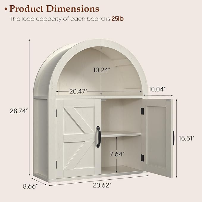 Arched Bathroom Wall Cabinet, Farmhouse Medicine Cabinet with Barn Door and with Adjustable Shelf, 23.6 x 28.7'' Wooden Storage Cabinet Wall Mounted for Bathroom Laundry Room Kitchen, Rustic White