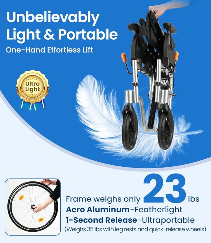 VOCIC Ultra Lightweight Wheelchair for Adults, 23lb Frame Portable Foldable Self-Propelled Wheelchairs for Seniors with Quick Release Wheels, Swing-Away Footrests,Flip-Back Arm, 300 lbs Gray
