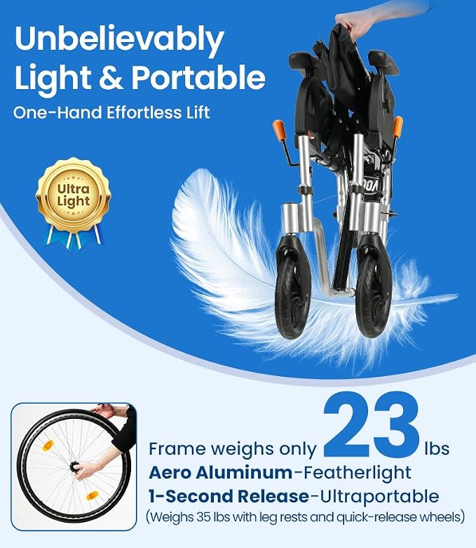 VOCIC Ultra Lightweight Wheelchair for Adults, 23lb Frame Portable Foldable Self-Propelled Wheelchairs for Seniors with Quick Release Wheels, Swing-Away Footrests,Flip-Back Arm, 300 lbs Black