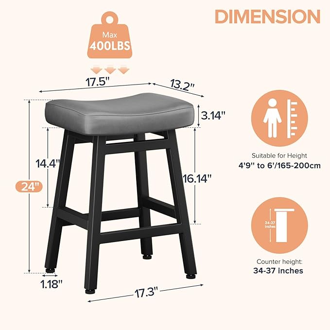 Raynesys Counter Height Bar Stools Set of 3, 24 Inch Barstools for Kitchen Counter, Kitchen Stools with Bonded Leather Saddle Seats & Heavy Duty Metal Legs, Easy Assembly, Gray/Black