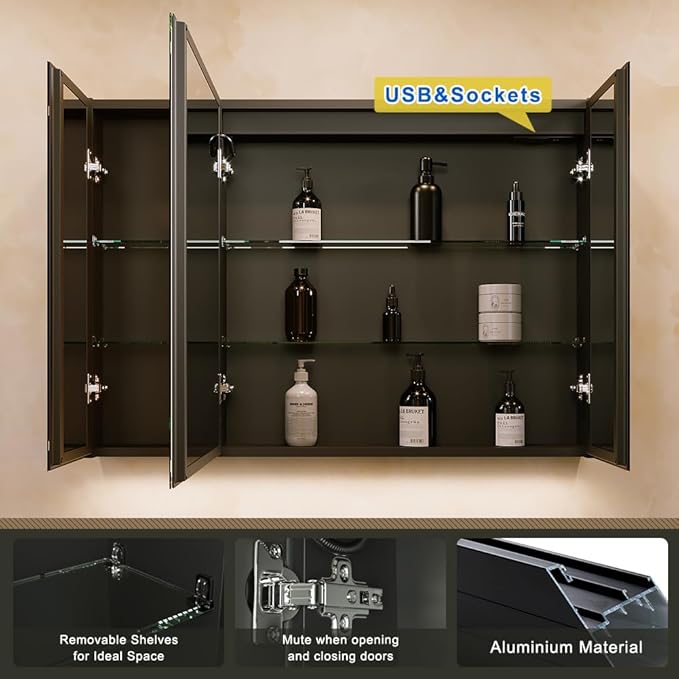 GANPE LED Lighted Bathroom Medicine Mirror Cabinet with Sockets & USBs, Anti-Fog Dimmable Light and Color Adjustment, Easy to Install Aluminum Cabinet (40 * 28 Three-Door)