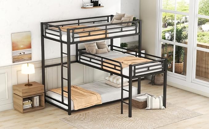 MERITLINE Metal Triple Bunk Bed for Kids, L-Shaped Twin Over Twin & Twin Bunk Bed Frame, 3 in 1 Bed Bunk Beds with Guardrails and Ladders for Teens Adults, Black
