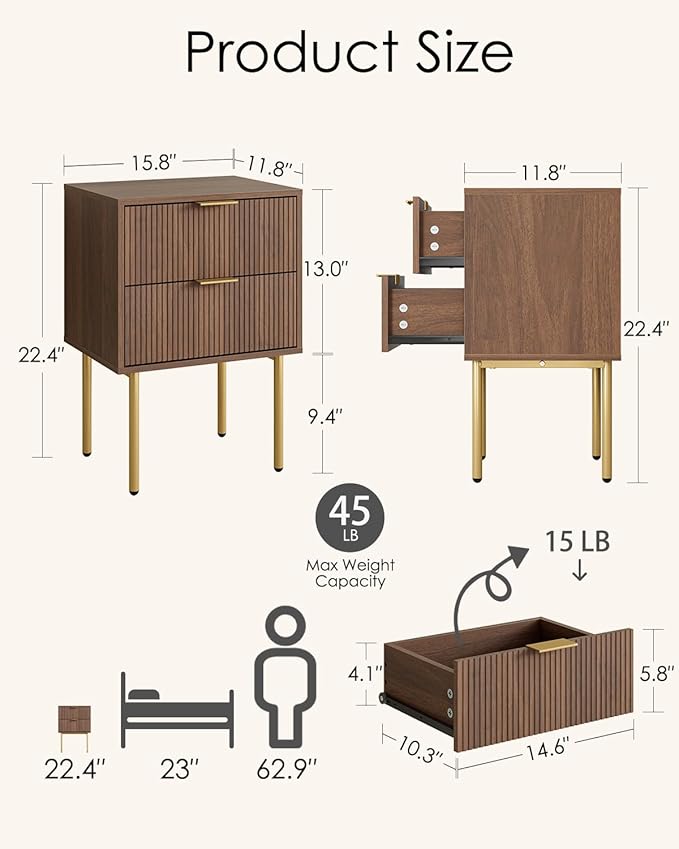 Aienvey Night Stand, Modern Nightstand with Drawers, Bedside Table, Gold Small Side Table for Bedroom, Living Room End Table (Walnut Stripe, 2 Drawers)