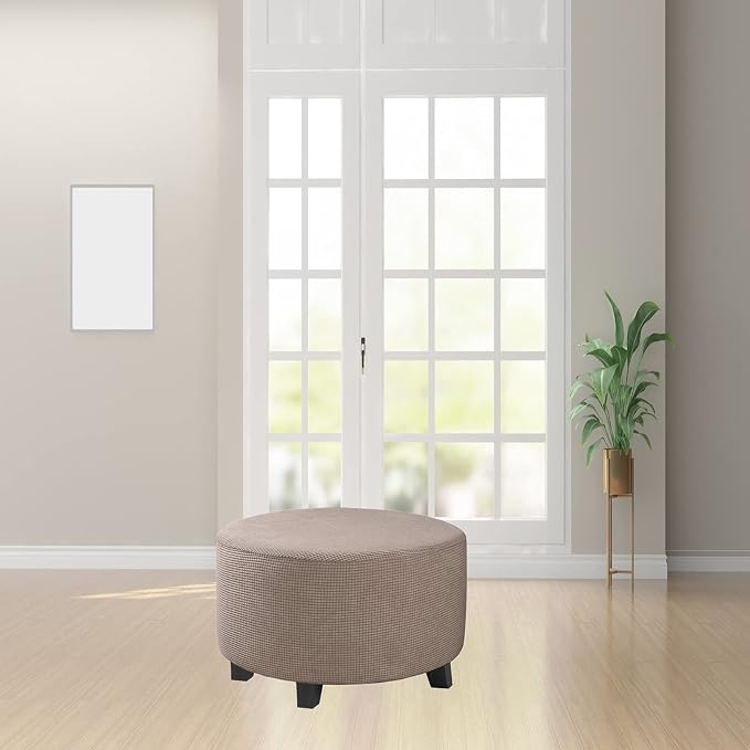 Stretch Ottoman Slipcover – Round Furniture Protector Fits 20"-23" Dia, for Footrests, Storage Ottomans & Folding Stools – Elastic Fabric Cover (Taupe, Medium)