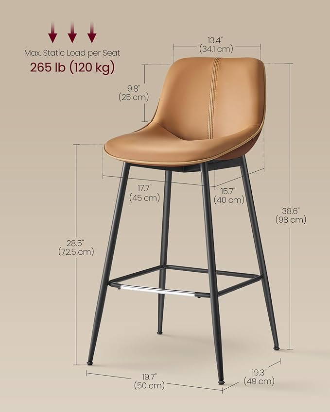 VASAGLE Bar Stools Set of 4, Bar Height Bar Stools with Back, Ergonomic Backrest, Synthetic Leather, Metal Legs, 28.5-Inch Tall Barstools for Kitchen Island Home Bar, Easy Assembly, Caramel Brown