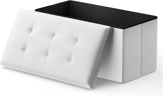 MoNiBloom 30 Inch Storage Ottoman Bench, 24 Gal. Folding Ottoman Footrest, End of Bed Bench, Rectangle Foot Stool, Supports 600 lbs, for Bedroom, Living Room, Entryway, Hallway, White