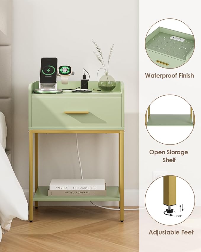 Nightstand with Charging Station,3-Tier Modern Bedside Table Night Stand with Storage Drawer and Open Shelf,Small End Side Table for Bedroom,Living Room,Green