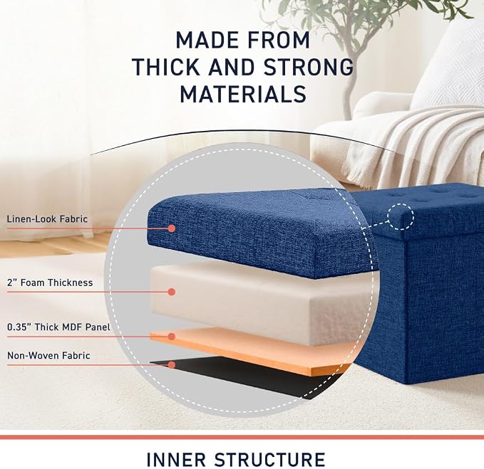 Ornavo Home Folding Storage Ottoman, 15 Inch Storage Cube with Lid, Foot Rest Stool for Bedroom, Living Room, Entryway, Tufted Linen Upholstered - Navy Blue