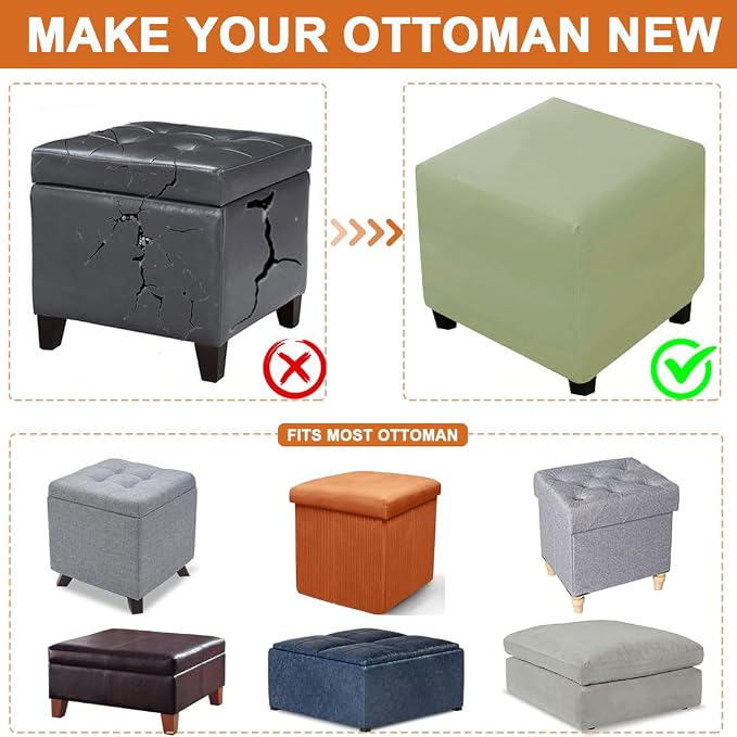Waterproof Ottoman Cover Square Stretch PU Soft Folding Storage Ottoman Cover with Elastic Bottom Cube Footrest Foot Stool Slipcovers Machine Washable(Large/Light Green)