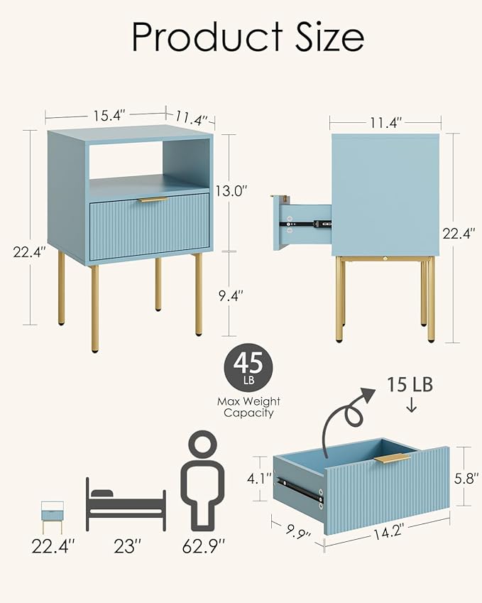 Aienvey Night Stand, Modern Nightstand with Drawers, Bedside Table, Gold Small Side Table for Bedroom, Living Room End Table (Blue Stripe, 1 Drawer)