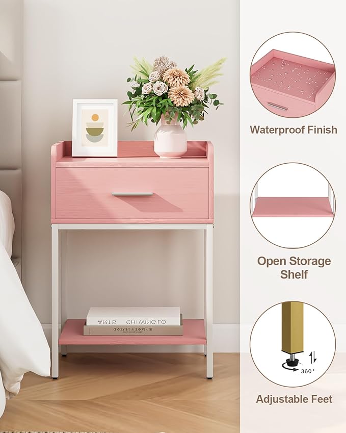 Nightstand,Modern Bedside Table Night Stand with Storage Drawer and Open Shelf,Small End Side Table for Bedroom,Living Room,Pink